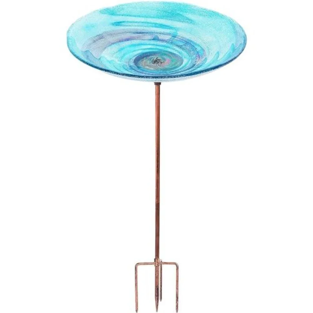 Outdoor BirdBath Glass Bird Bath Garden Bird Feeder with Metal Stake